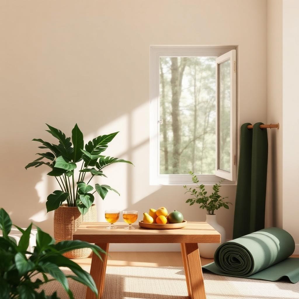 A calm, sunlit wellness space with plants, herbal tea, and a rolled yoga mat